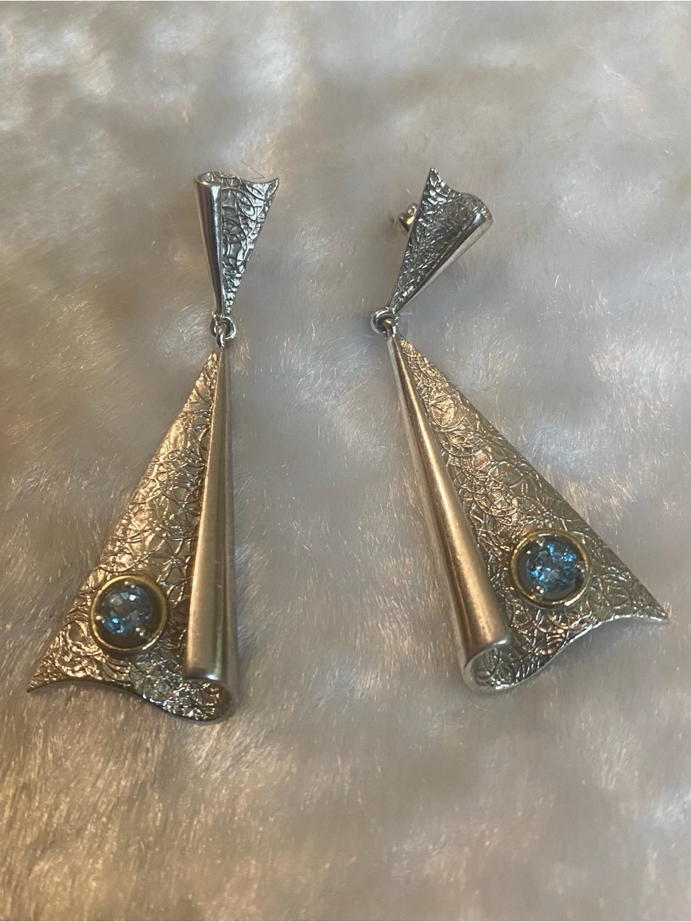 🍀VTG 925 Sterling Silver Floral Filigree Drop Earrings with Blue Stones